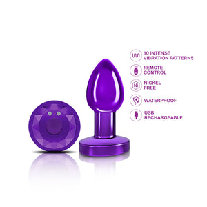 Cheeky Charms - Rechargeable Vibrating Metal Butt  Plug With Remote Control - Purple - Small