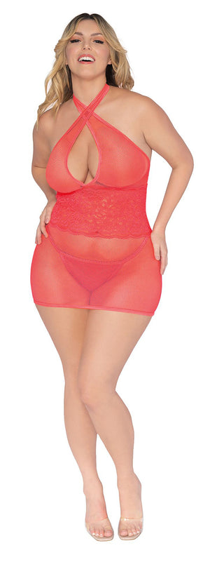 Stretch Fishnet and Scalloped Stretch Lace Chemise - Queen - Coral DG-12606XCORQ