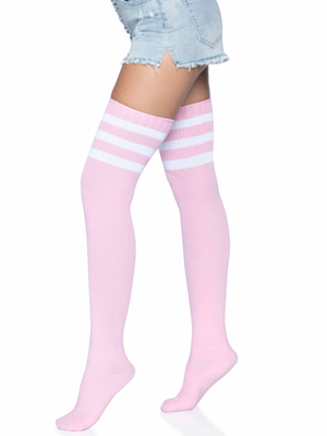 3 Stripes Athletic Ribbed Thigh Highs - One Size - Light Pink