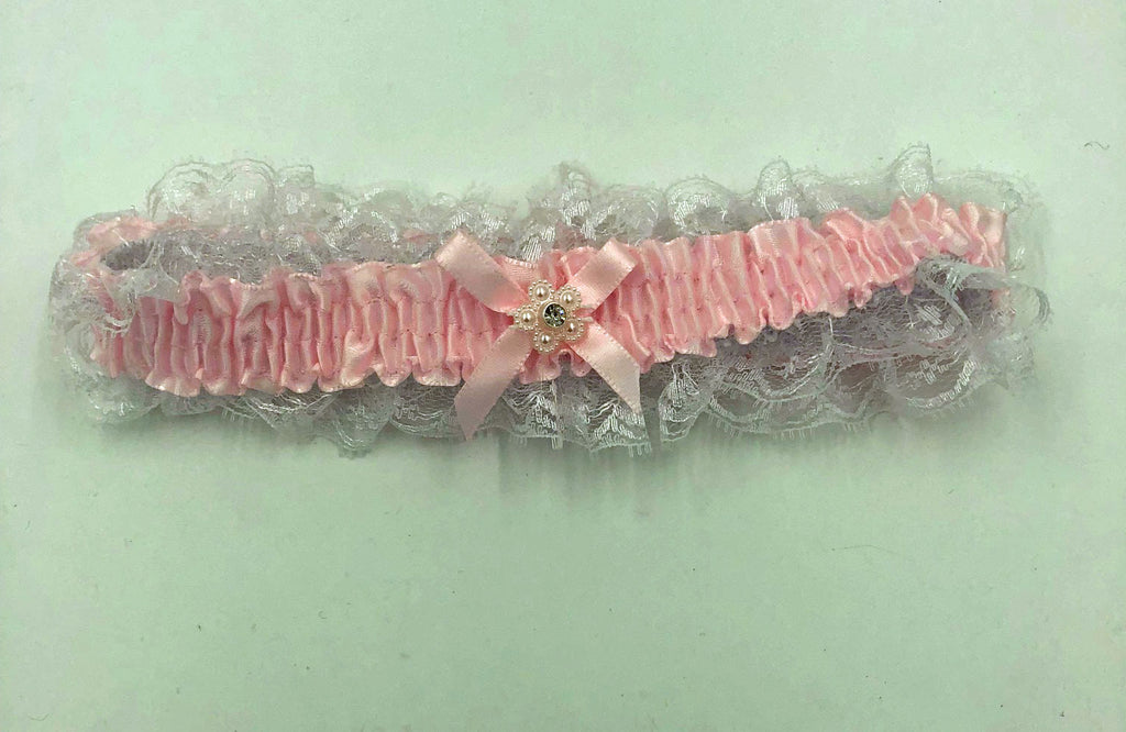 Satin Leg Garter - One Size - Baby Pink With White Lace EM-3555PK