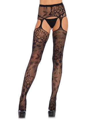 Floral Lace Stockings With Attached Waist Garterbelt - Black - One Size LA-1082