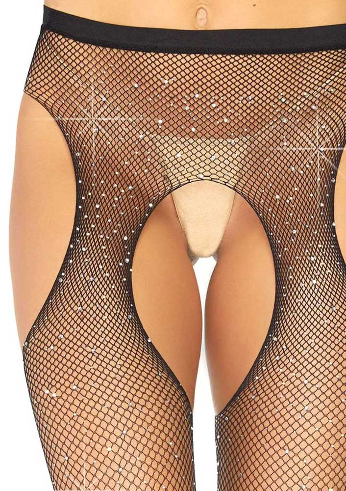 Casey Rhinestone Fishnet Suspender Pantyhose - One Size - Black