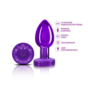 Cheeky Charms - Rechargeable Vibrating Metal Butt  Plug With Remote Control - Purple - Medium