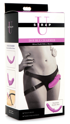 Double Charmer Silicone Double Dildo With Harness  - Purple