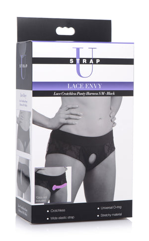 Lace Envy Black Crotchless Panty Harness - S/m