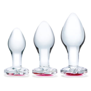 3 Pc Heart Jewel Glass Anal Training Kit -  Clear/pink GLAS-SET-08